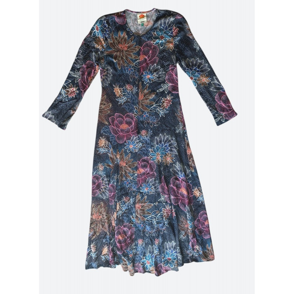 Farm Rio Boho Tropical Floral Print Maxi Dress Size M Long Sleeve Navy Multi